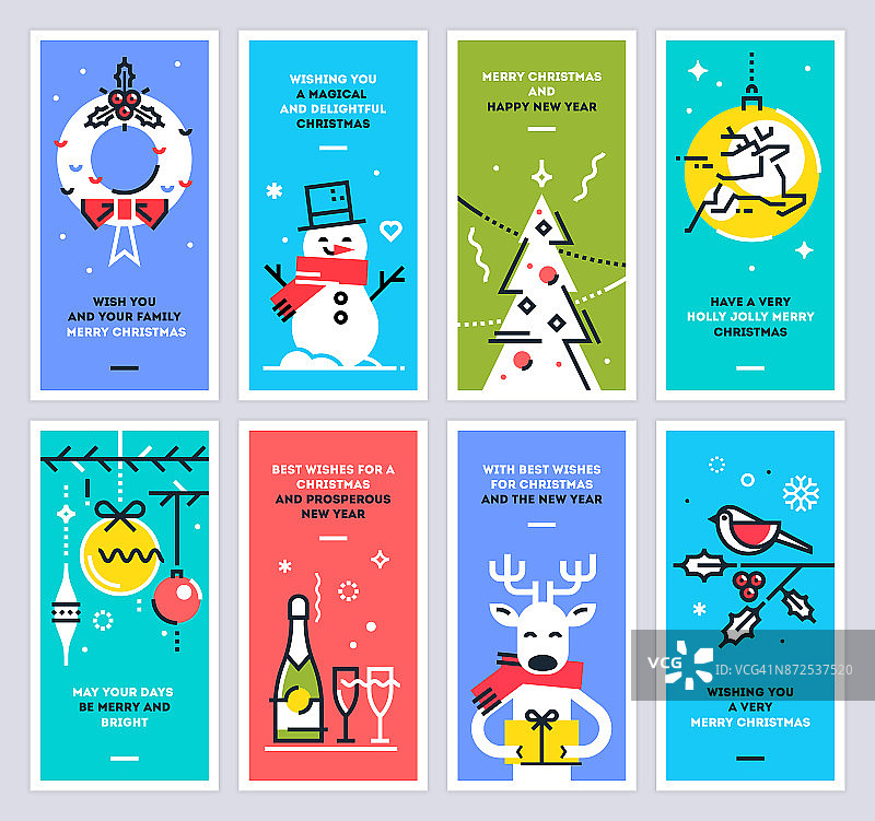 超级圣诞及新年贺卡。为印刷或网页的圣诞细线设计模板收集。矢量插图。图片素材