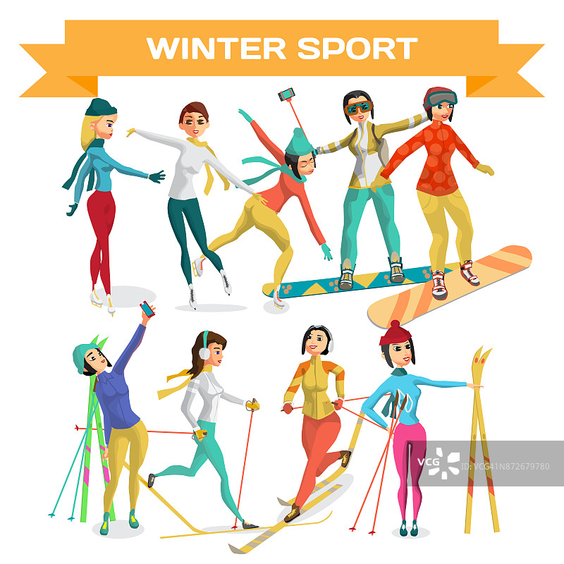 设定女孩冬季运动。卡通女性培训图片素材