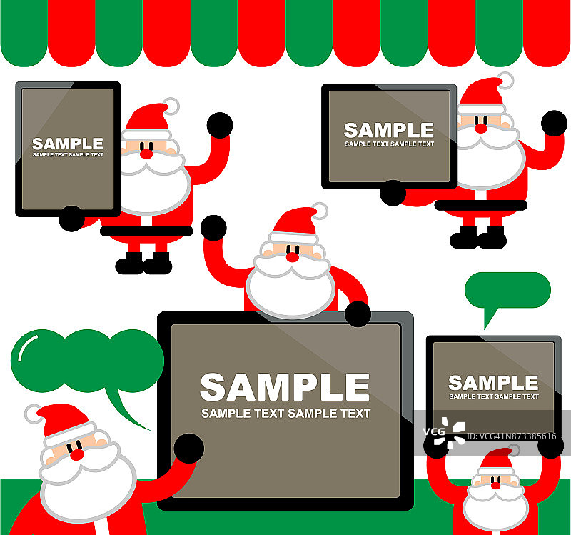 圣诞快乐，新年祝福，可爱的圣诞老人拿着一个数码平板电脑图片素材