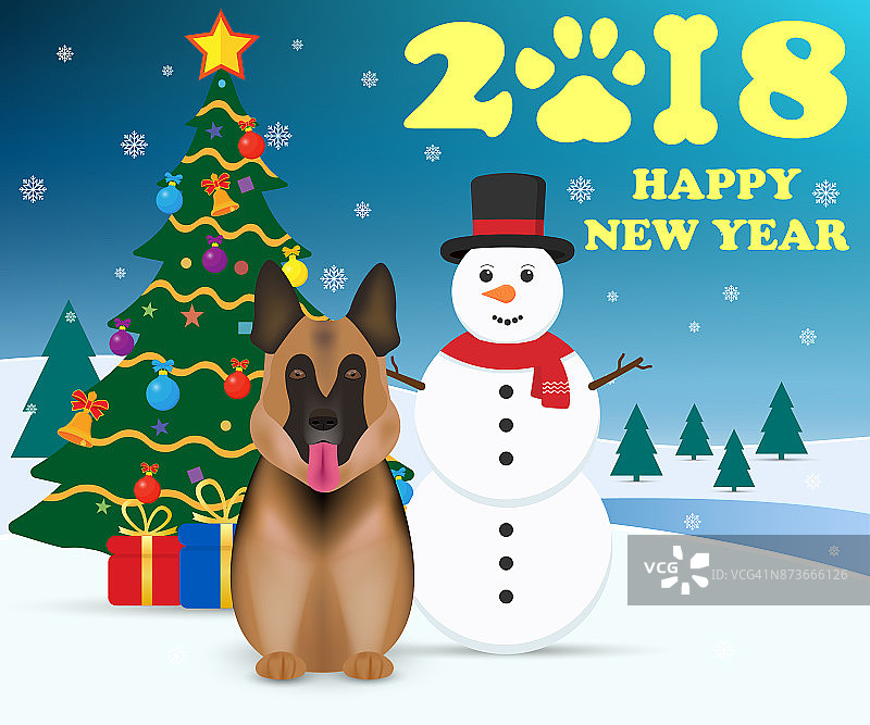 2018年新年快乐。狗是2018年生肖和雪人的象征。圣诞树和礼物。矢量插图。图片素材