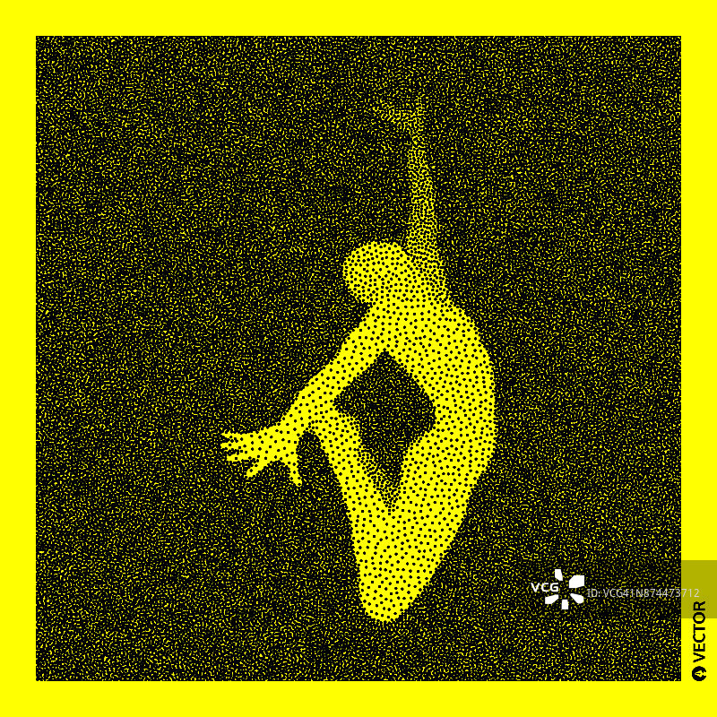 体操。3D人体模型。黑色和黄色颗粒图案。点画矢量插图。图片素材