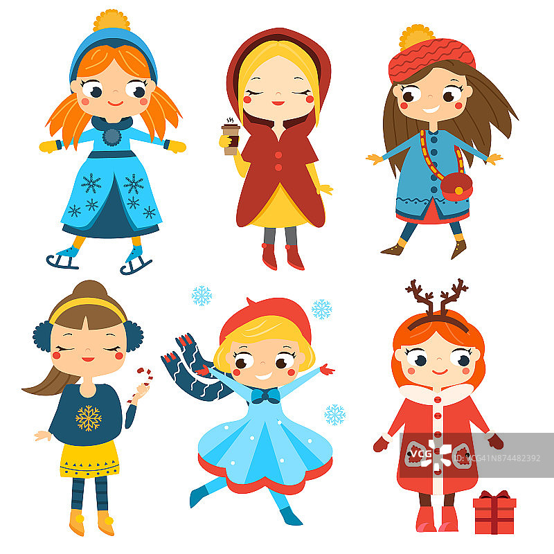 可爱的冬天女孩设置。孩子们冬天的活动。矢量收集卡通女性角色图片素材