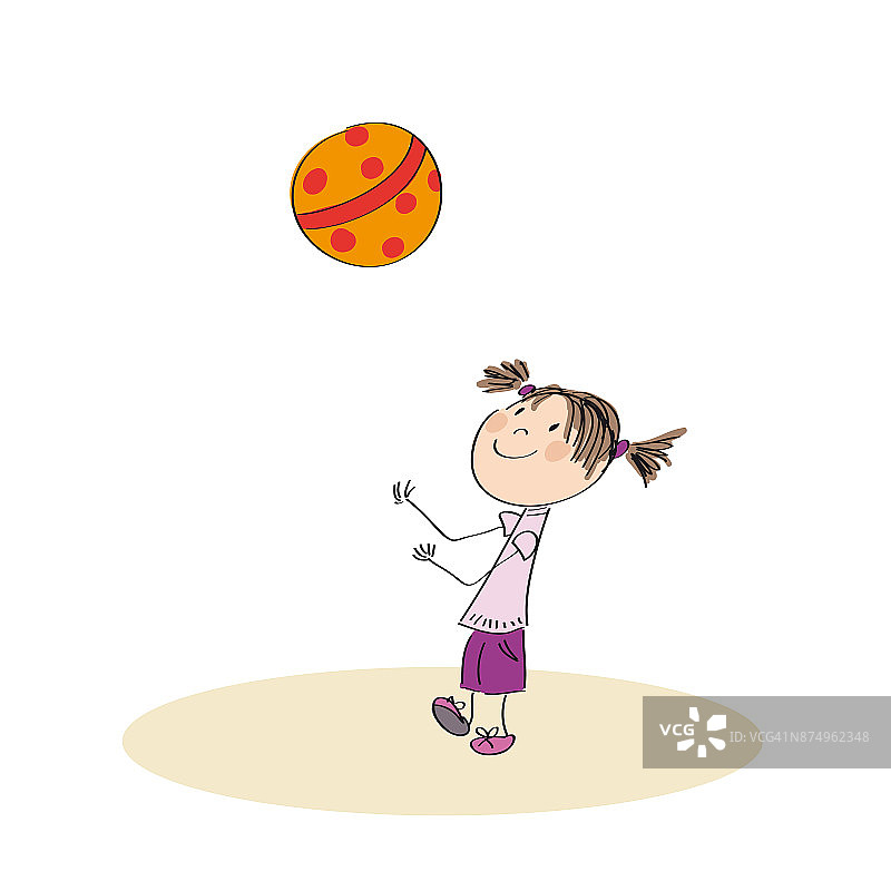 快乐的女孩玩球-原创手绘插图图片素材