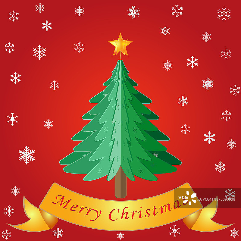 圣诞树和雪花在红色背景作为圣诞快乐，纸艺术和工艺风格的概念。矢量图图片素材