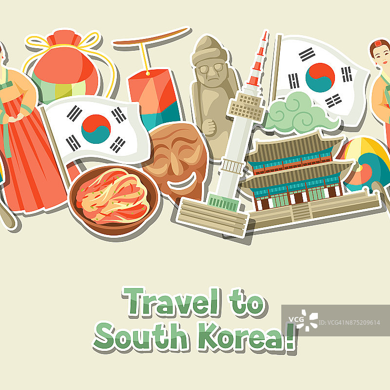 韩国无缝模式。韩国传统贴纸符号和物体图片素材