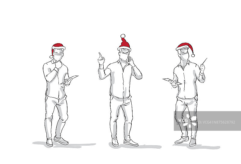 男性剪影在圣诞帽素描商人设置圣诞或新年庆祝概念图片素材