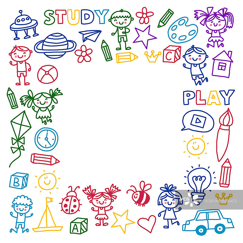 冒险时间想象力创造力幼儿玩耍幼儿园幼儿园幼儿画涂鸦图标图案玩耍，学习学习与快乐的男孩和女孩让我们探索空间图片素材