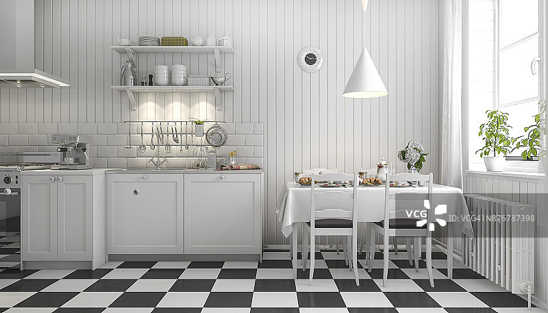 3d渲染美丽的斯堪的纳维亚厨房与黑色瓷砖装饰图片素材