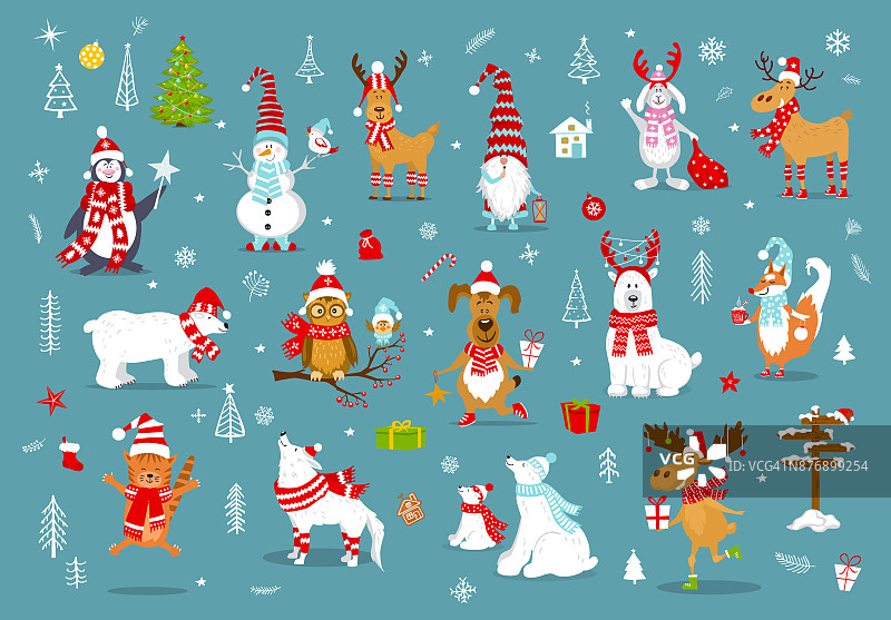 圣诞快乐新年快乐冬天卡通可爱有趣的动物在圣诞老人帽子围巾与礼物收集。图片素材