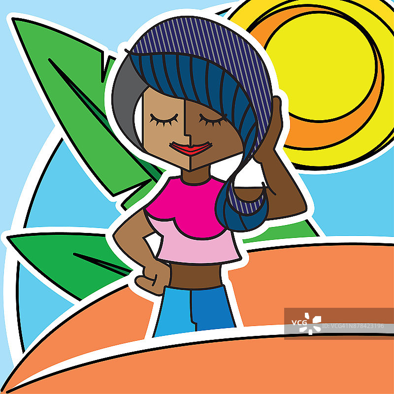 插画艺术构图，用线条和几何形状，描绘一个美丽的热带女孩。理想的艺术材料图片素材