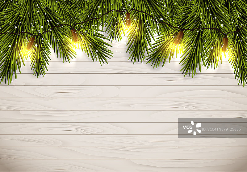 向量插图棕色乡村木板与金色圣诞灯和空间你的文本。图片素材