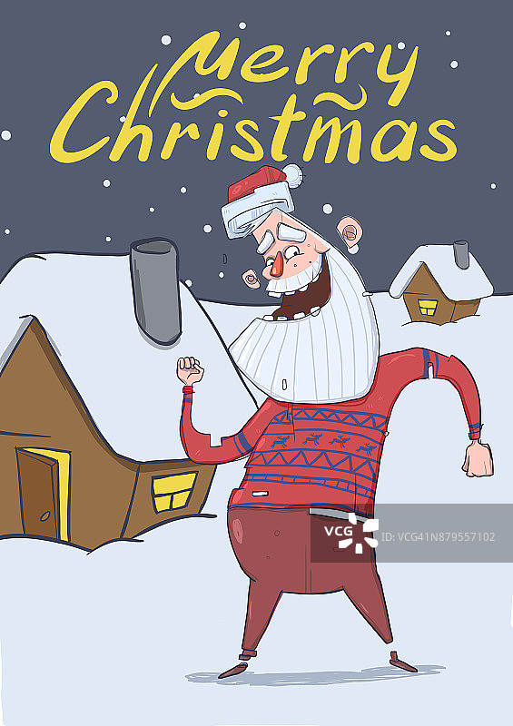 圣诞卡片上，滑稽的圣诞老人在雪夜的喜庆房屋旁微笑和跳舞。圣诞老人穿着鹿毛衣跳舞。垂直的矢量图。卡通人物。刻字。副本的空间。图片素材