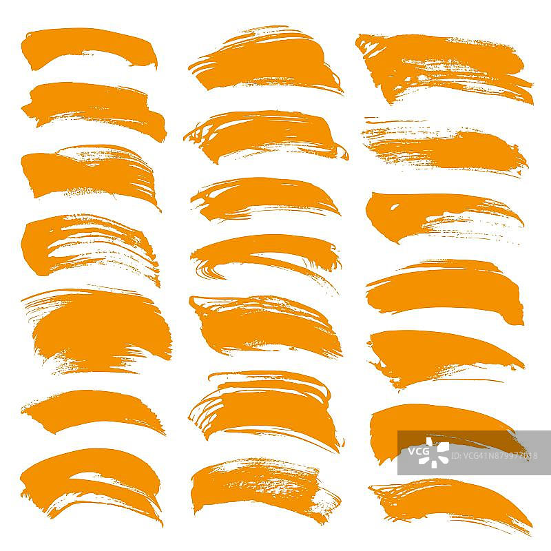 抽象橙色矢量笔刷笔触大设置孤立在白色背景图片素材