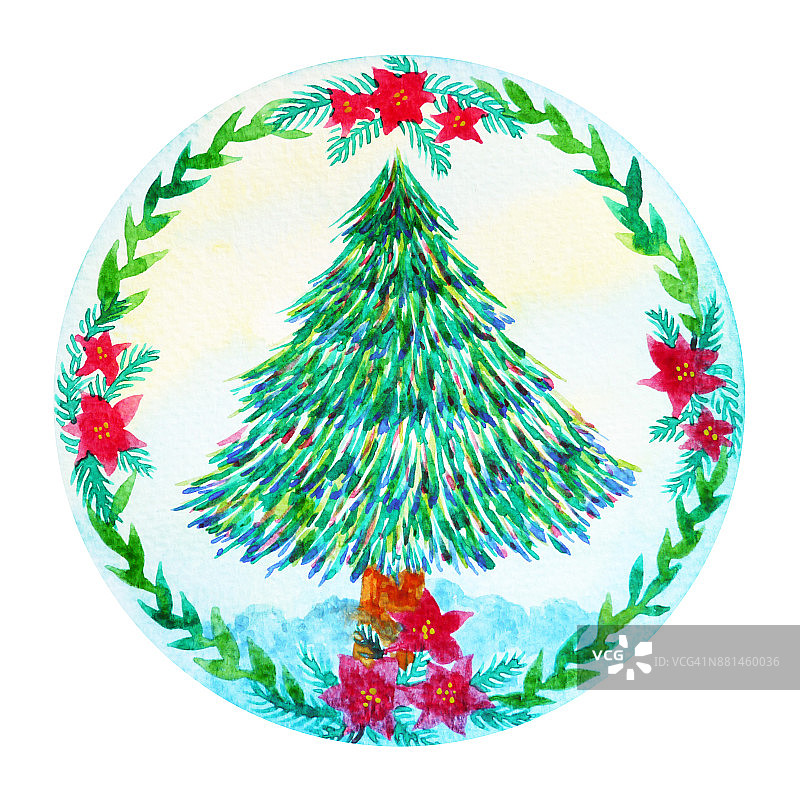 圣诞树花环庆祝水彩画新年圣诞图片素材