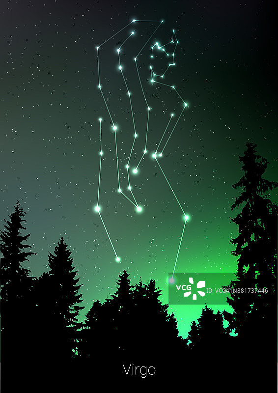 处女座星座与森林景观剪影在美丽的星空与银河和空间后面。处女座星座符号星座在深宇宙背景上。名片设计图片素材