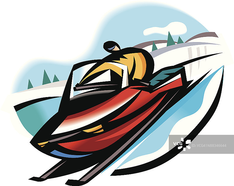 Man snowmotoring Color Illustrator Ver. 5 ' Zippin' across the snow ' Winter fun。图片素材