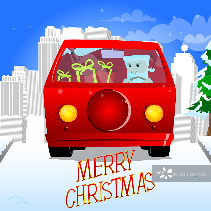 圣诞老人开着一辆红色的车。图片素材