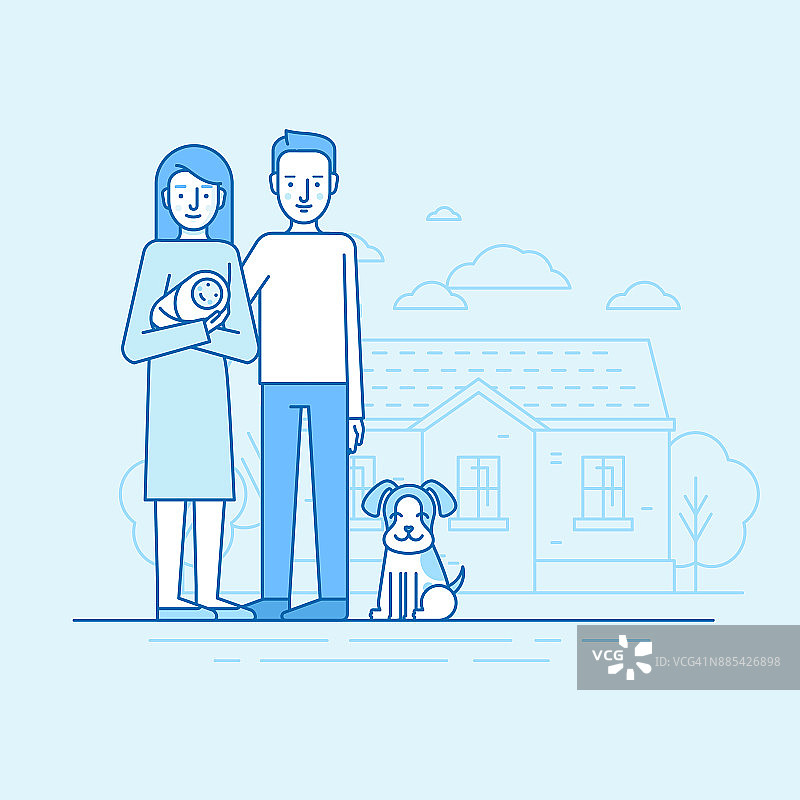 矢量平面线性插图在蓝色的幸福年轻的家庭图片素材