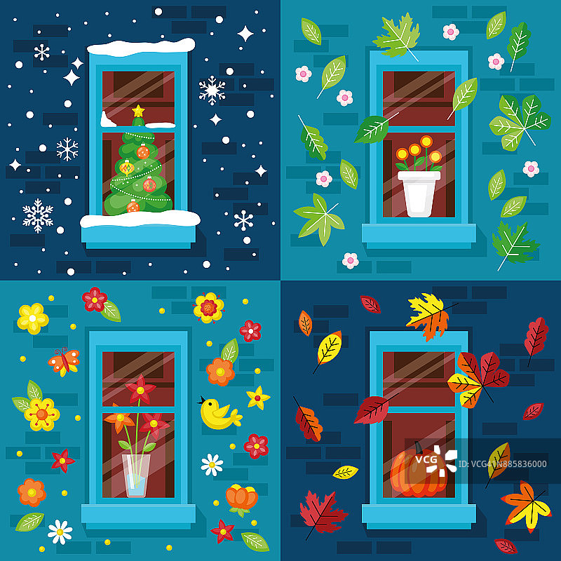 四季概念与窗户图片素材
