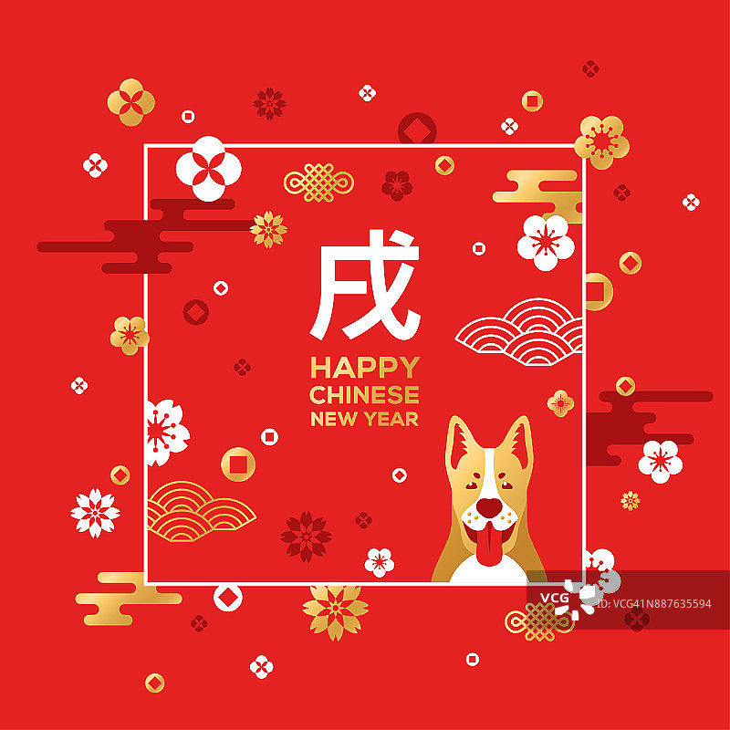 传统的亚洲图案，东方的花和狗在红色图片素材