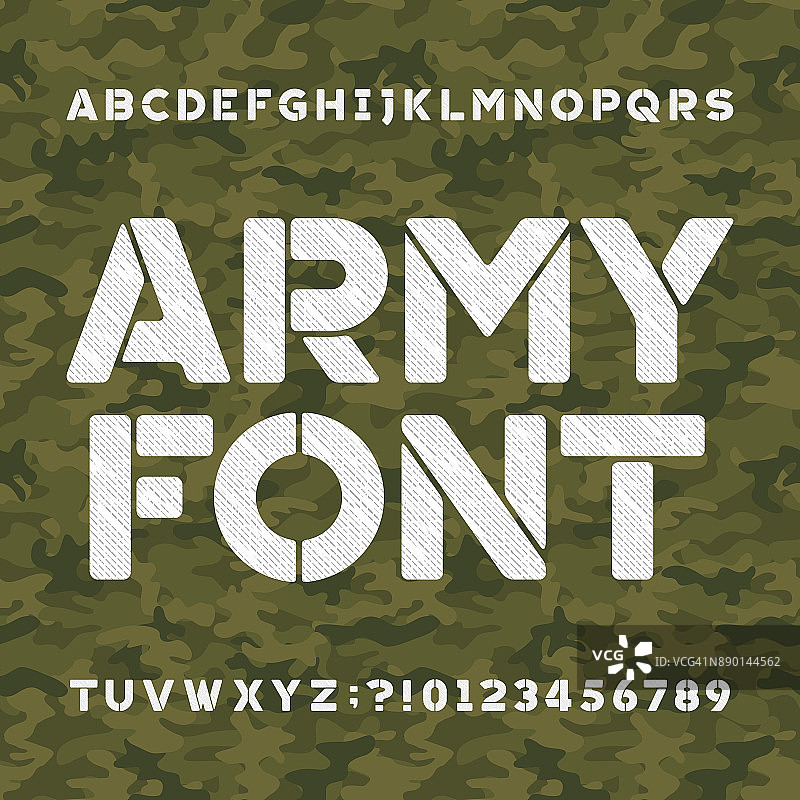 军队字母字体。无缝绿色迷彩背景。图片素材