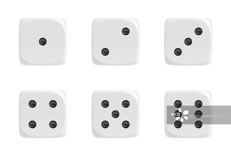 一组6个白色骰子的3d渲染，在前视图与黑点显示不同的数字图片素材