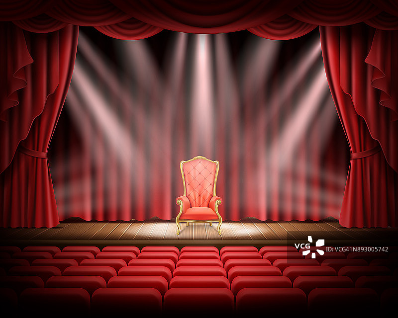 红色的窗帘和舞台，红色的复古椅子图片素材