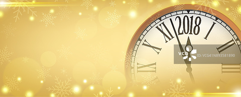 矢量2018年新年快乐，金色雪花背景上的复古时钟图片素材