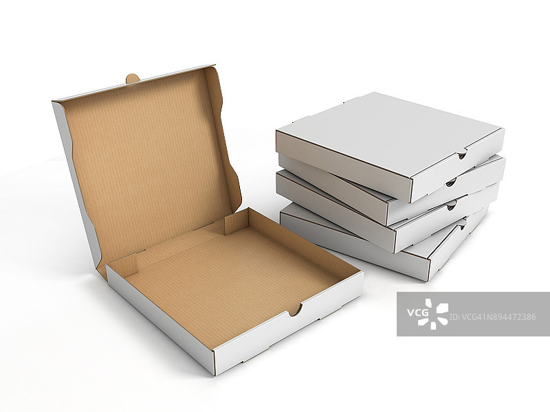 堆叠的披萨盒孤立的3d插图在白色的背景图片素材