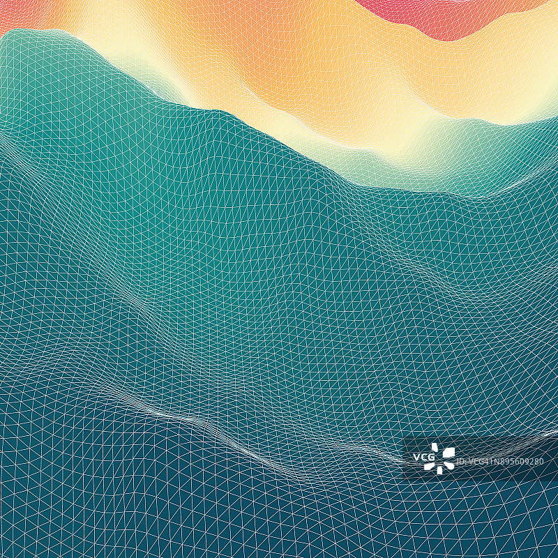 水表面。波浪网格背景。马赛克。3d矢量插图。抽象的纹理。图片素材