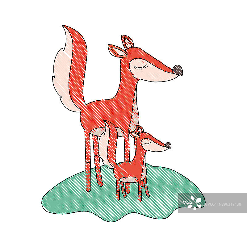 卡通狐狸妈妈和幼仔在草地上彩色蜡笔剪影图片素材