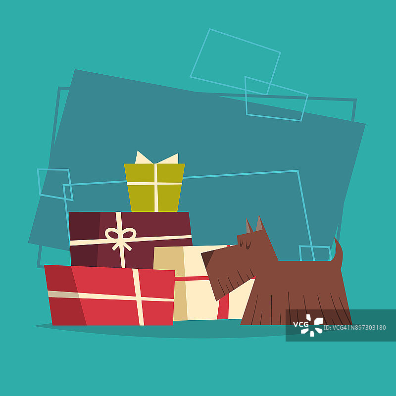 狗与礼物堆叠盒新年和圣诞节2018生肖标志横幅图片素材
