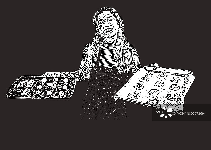 一个年轻女子正在烤饼干的幽默插画，展示了两张正在烤的饼干图片素材
