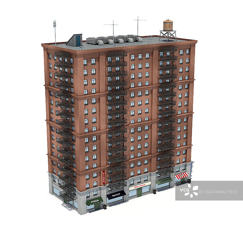 红砖公寓楼的3d渲染，一楼有防火梯和商店图片素材