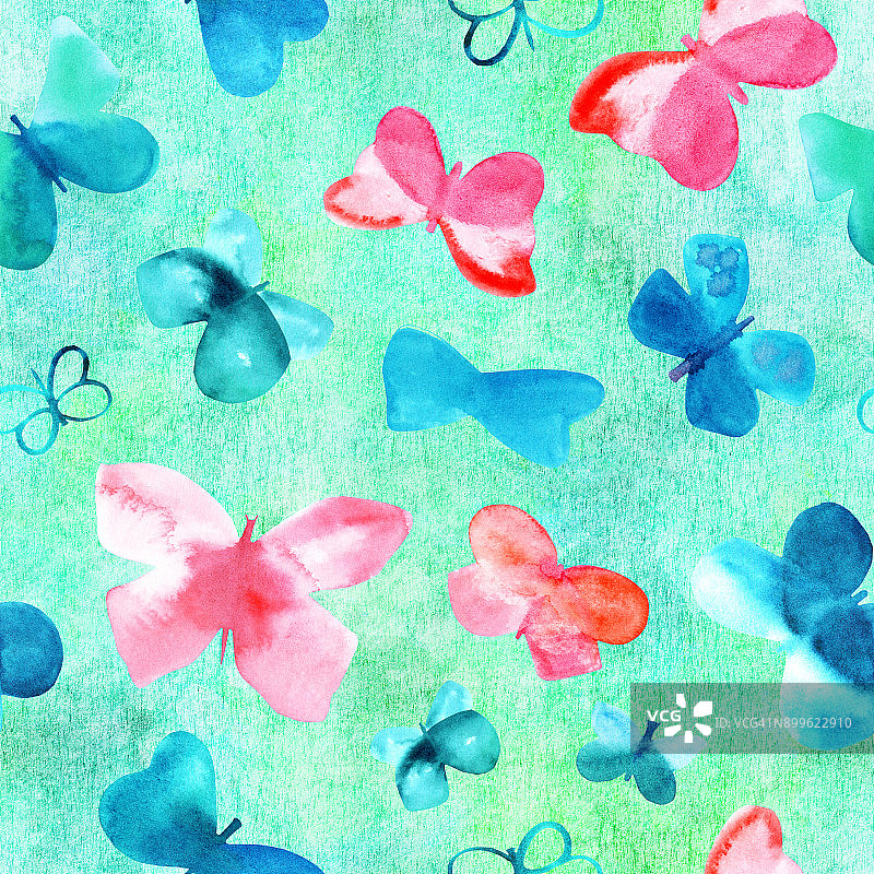 无缝背景图案与水彩粉红色和蓝色蝴蝶在蓝绿色图片素材
