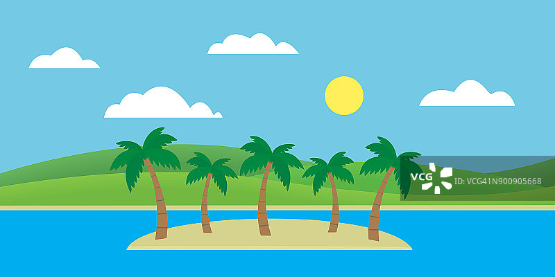 热带海岛在海中有沙滩和棕榈树，蓝天下有云朵和太阳向量，平面设计图片素材