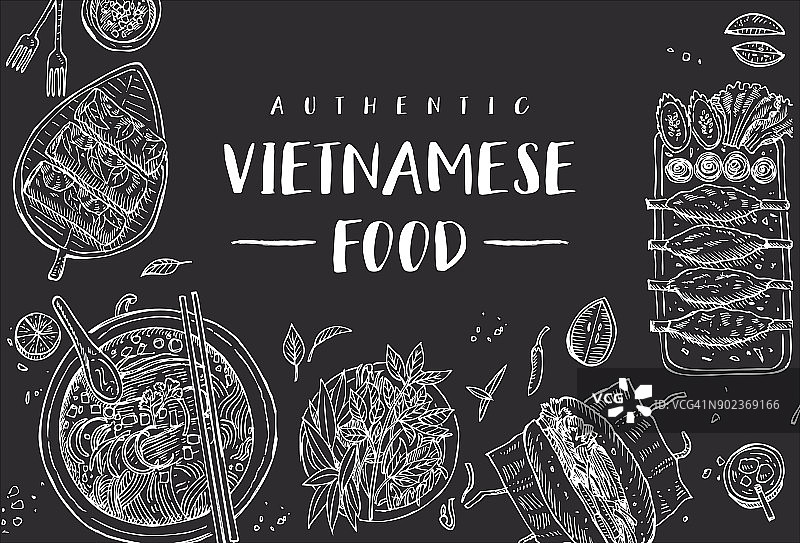 手绘俯视图传统越南食物在一个黑色板，矢量插图图片素材