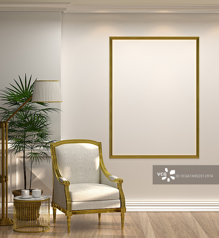 仿造空照片金色框架白色扶手椅和灯在绿色墙壁前与灯和餐具柜在空房间复古风格3d渲染豪华客厅现代中叶房间室内家庭最小设计图片素材