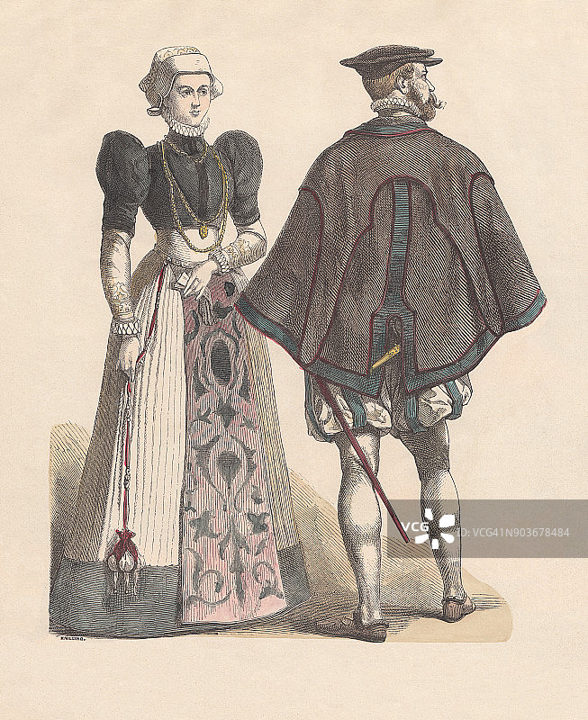 德国公民，16世纪晚期，手工着色木刻，出版于大约1880年图片素材