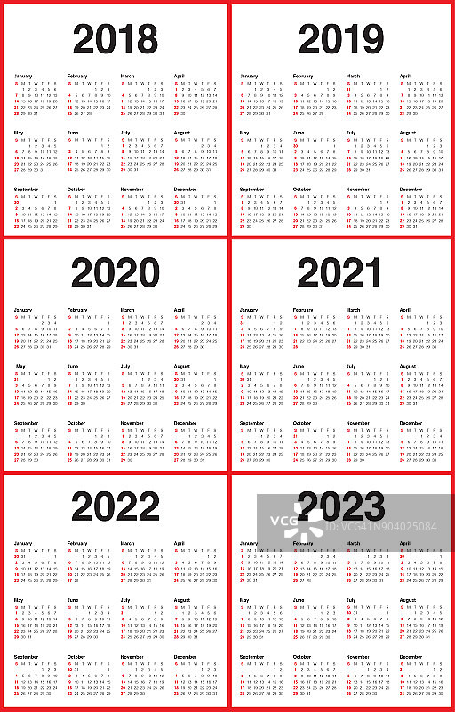 2018年2019年2020年2021年2022年2023年日历矢量图片素材