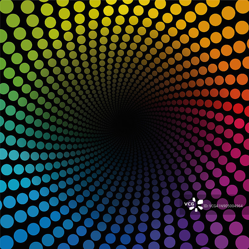 彩色螺旋管背景图案-彩虹彩色点隧道结束在黑暗的无限-几何扭曲圆形插图。图片素材