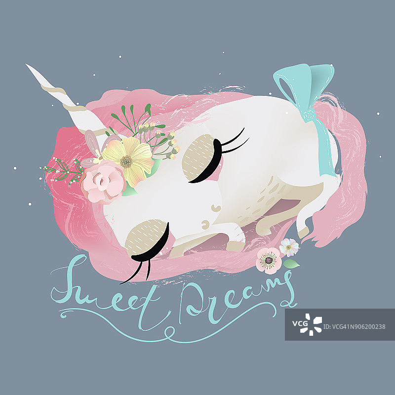 可爱的小独角兽公主做梦，和花儿一起睡觉图片素材