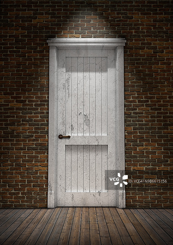 紧闭的白色老式砖墙门。三维渲染图片素材