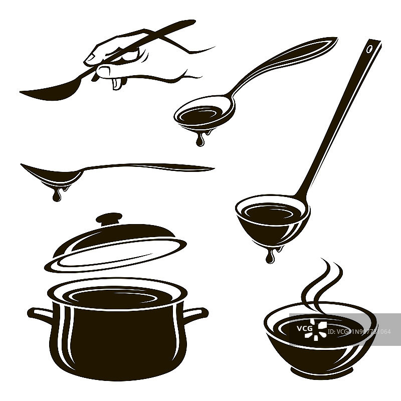 一盘汤，勺子，长柄勺和平底锅图片素材