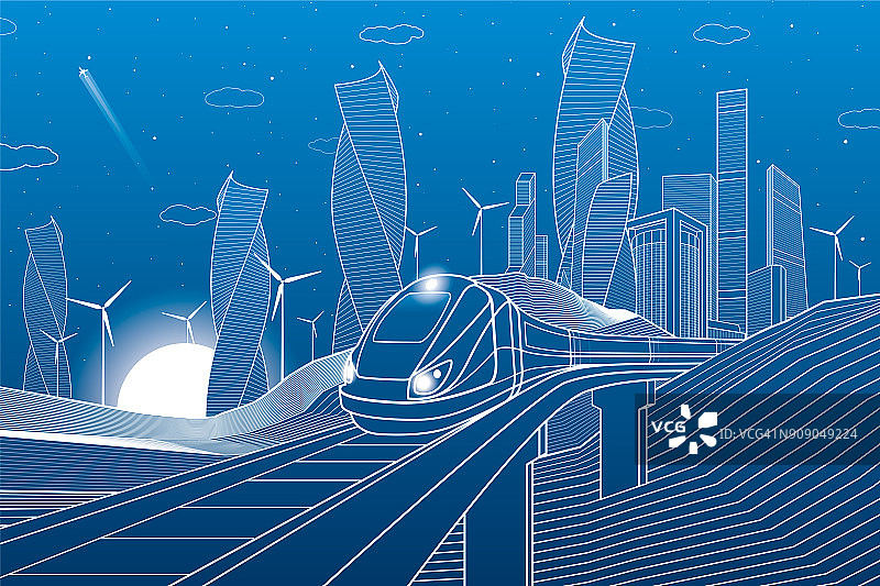 火车在山中的铁路桥上行驶。高楼大厦、现代城市、商业建筑。夜景。蓝色背景上的白线。风车的力量。矢量设计艺术图片素材