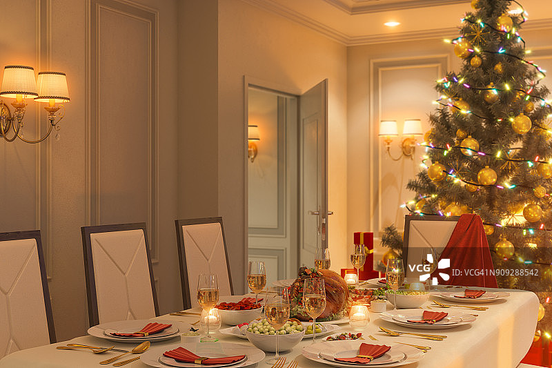 圣诞家庭餐桌的3d插图。明信片或海报上的图像室内设计以古典建筑风格搭配圣诞树和礼物。图片素材