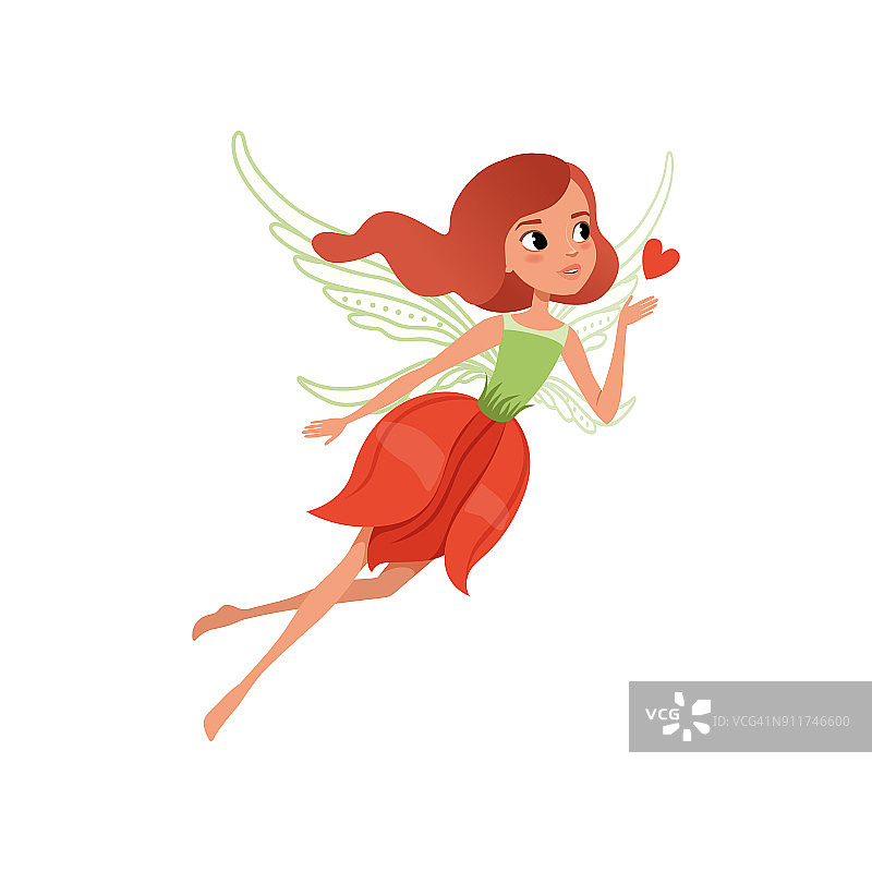 红色头发和花朵形状的连衣裙的卡通仙女。美丽的神话生物，长着神奇的翅膀。女孩在飞行行动。平面矢量，用于儿童书籍，印刷或卡片图片素材