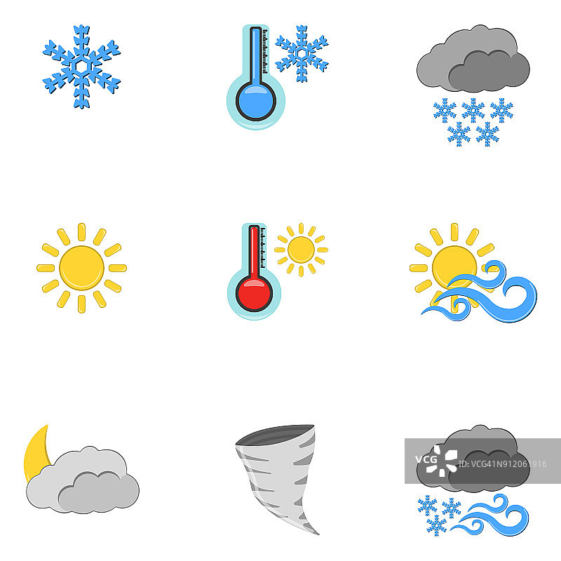 一套9个天气图标。天气标签为网页上的白色背景。卡通向量树脂图片素材