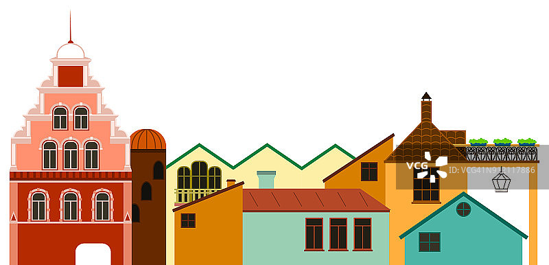 老城区的城市。矢量彩色的房屋全景。图片素材