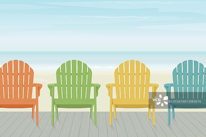 木板路上五颜六色的阿迪朗达克沙滩椅图片素材